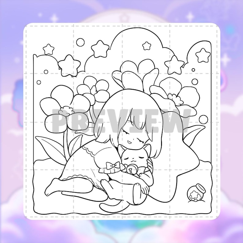 Pode incluir: Uma p&aacute;gina de colorir em preto e branco com desenhos de linhas que mostra uma pessoa de cabelo curto abra&ccedil;ando um gato. A cena inclui flores grandes, nuvens e estrelas ao fundo. A palavra PREVIEW est&aacute; impressa no centro da ilustra&ccedil;&atilde;o.