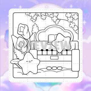 Pode incluir: Uma p&aacute;gina de colorir em preto e branco com duas estrelas sorridentes, um piano com um livro aberto em cima e um buqu&ecirc; de flores. A palavra PREVIEW est&aacute; sobreposta no centro da ilustra&ccedil;&atilde;o, que &eacute; emoldurada por uma borda pontilhada.