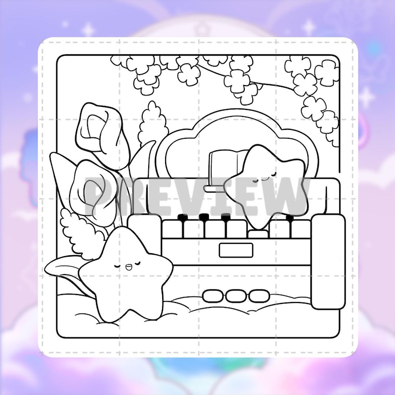 Pode incluir: Uma p&aacute;gina de colorir em preto e branco com duas estrelas sorridentes, um piano com um livro aberto em cima e um buqu&ecirc; de flores. A palavra PREVIEW est&aacute; sobreposta no centro da ilustra&ccedil;&atilde;o, que &eacute; emoldurada por uma borda pontilhada.