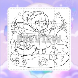 Pode incluir: Uma p&aacute;gina de colorir em preto e branco com arte de linha apresentando um personagem com asas de fada, um vestido com la&ccedil;o e uma faixa. O personagem est&aacute; entre nuvens, cristais e plantas, acompanhado por uma pequena criatura e estrelas.