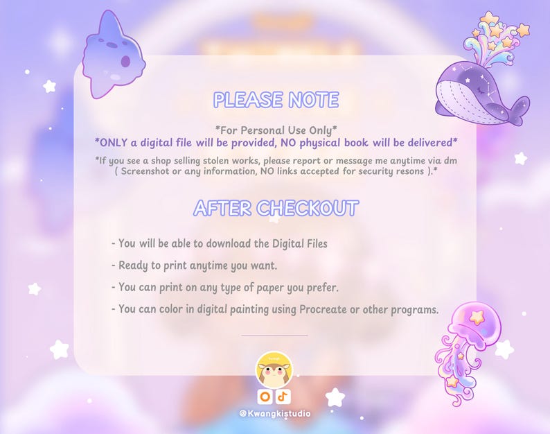 Pode incluir: Um gr&aacute;fico informativo de download digital com fundo roxo claro apresentando uma baleia, uma &aacute;gua-viva e uma estrela em desenho animado. O texto inclui PLEASE NOTE, For Personal Use Only, ONLY a digital file will be provided e AFTER CHECKOUT.