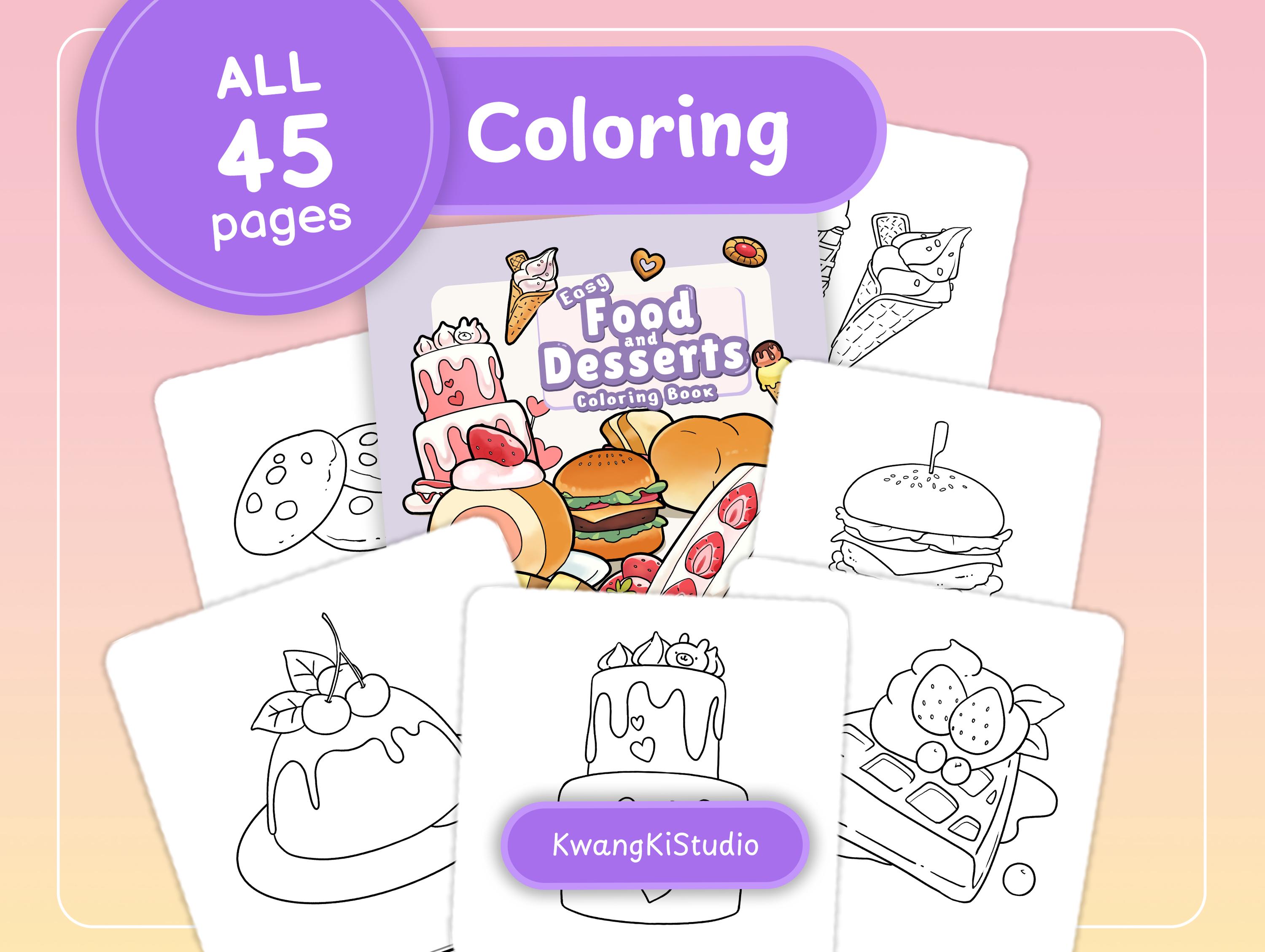45 Páginas para colorear fáciles de comida y postres | Libro para colorear PDF imprimible de dulces kawaii