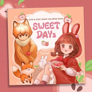 Pode incluir: Um livro de colorir quadrado com uma capa cor de pêssego com ilustrações de um personagem semelhante a uma raposa, uma menina com uma capa vermelha e uma pequena raposa. O título "SWEET DAYS" é exibido em rosa, com o texto "Cute & Cozy Kawaii Coloring Book".