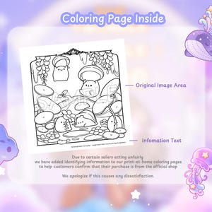 Pode incluir: Uma p&aacute;gina para colorir em preto e branco com personagens de cogumelos fofos em um ambiente de floresta, com o texto Coloring Page Inside, Original Image Area e Information Text. A p&aacute;gina inclui um aviso sobre a autenticidade.
