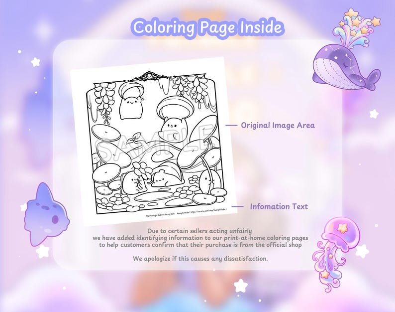 Pode incluir: Uma p&aacute;gina para colorir em preto e branco com personagens de cogumelos fofos em um ambiente de floresta, com o texto Coloring Page Inside, Original Image Area e Information Text. A p&aacute;gina inclui um aviso sobre a autenticidade.