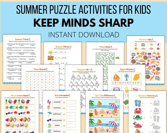 Summer Puzzle Activities, Summer Printables, Literacy Puzzles, Math Puzzles, Matching Puzzles, Summer Games, Summer Activity Pack for Kids
