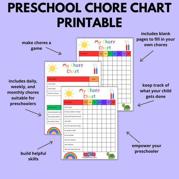 Preschool Chore Chart, Printable Daily Chore Chart, Weekly Chore Chart, Monthly Chore Chart, Daily Routine List, Child Responsibility Chart