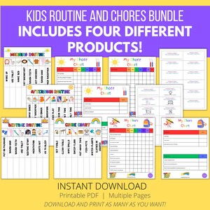 May include: A printable PDF bundle of four different chore charts for kids. The charts are colorful and feature a variety of themes, including morning, afternoon, bedtime, and chore routines. The charts are designed to help kids learn responsibility and develop good habits.