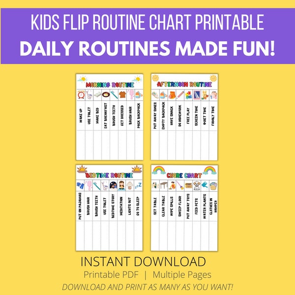 Kids Flip Routine Chart Printable, Morning Routine, Afternoon Routine, Bedtime Routine, Chore Chart, Daily Routine, Visual Schedule