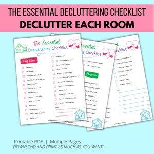 the essential decluttering checklist, declutter each room, printable pdf, multiple pages, download and print as much as you want