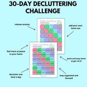 30-day decluttering challenge, release anxiety, add your own items too, feel more at peace in your home, quick and easy items to get rid of, declutter one item a day, stay organized and focused