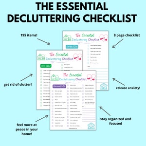 the essential decluttering checklist, 195 items, 8 page checklist, get rid of clutter, release anxiety, feel more at peace in your home, stay organized and focused