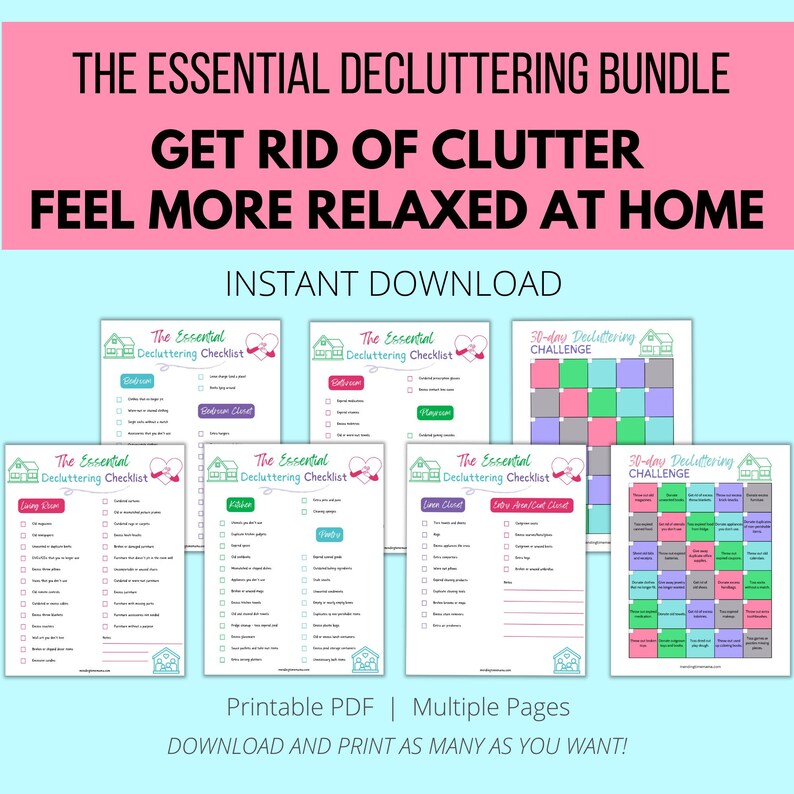 the essential decluttering bundle, get rid of clutter, feel more relaxed at home, instant download, printable pdf, multiple pages, download and print as many as you want