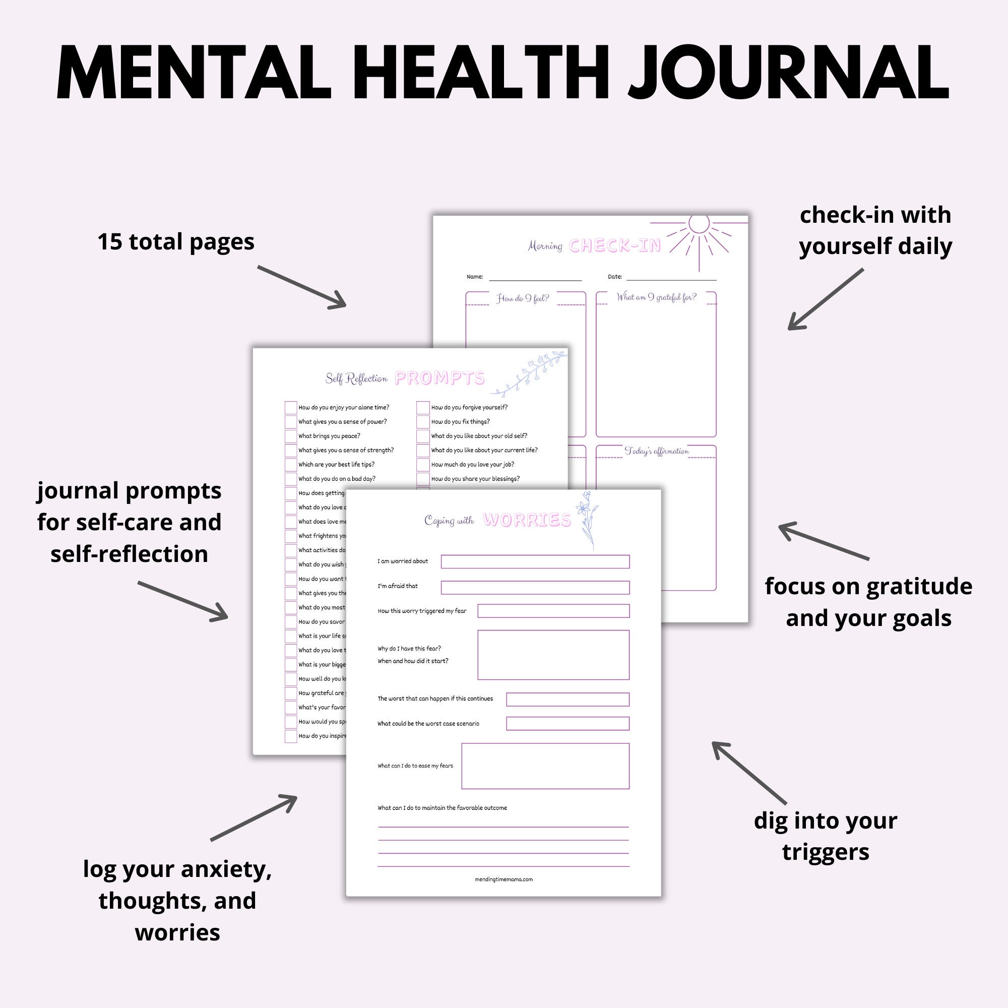 Mental Health Journal Printable, Self-care Planner, Anxiety Journal, Check-in Pages, Wellness ...