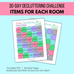 30-day decluttering challenge, items for each room, printable pdf, multiple pages, download and print as much as you want