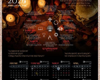 Calendario de la Rueda del Año 2026 para Brujas / Lámina de Arte Pagano Wicca (Descarga Digital)