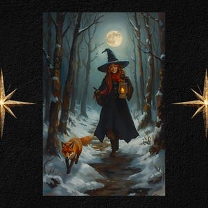 May include: A digital painting depicts a witch in a black hat and cloak, holding a lantern, walking through a snowy forest with a fox. The full moon shines brightly in the background, illuminating the trees and snow-covered path.