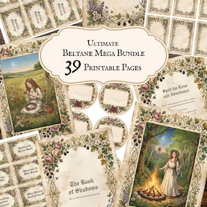 May include: A collection of 39 printable pages titled Ultimate Beltane Mega Bundle, featuring vintage-style paper with floral borders, illustrations of figures in nature, a campfire scene, and text including The Book of Shadows and Spell for Love.