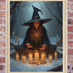 May include: A framed print depicts a witch in a black hat and cloak, surrounded by candles in a snowy forest. The witch is seated, with hands outstretched over the candles, creating a mystical and enchanting scene.