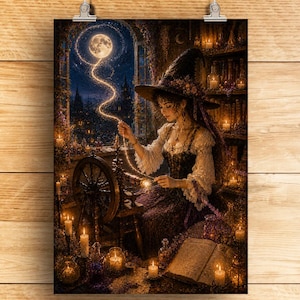 May include: A digital illustration of a person wearing a wide-brimmed hat and lace-trimmed clothing, operating a spinning wheel. A glowing thread connects the moon to the wheel. The scene includes an open book, numerous lit candles, and jars.
