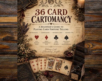 May include: A poster titled 36 Card Cartomancy: A Beginner's Guide to Playing Card Fortune Telling, featuring a central parchment design with card suit symbols, five playing cards, a candle, a small bowl, a book, and a quill on a wooden surface.