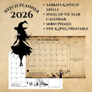 Pode incluir: Um Planeador de Bruxas imprimível para 2026, com um calendário de outubro, fases da lua e feitiços. O design inclui uma silhueta de bruxa, teias de aranha e uma citação. O planeador está disponível em formatos PDF e JPEG.