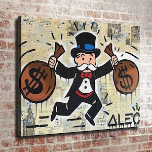 Stampa artistica "Money Bags" ispirata al Monopoly di Alec, 76x61 cm. Nuova stampa HD. Tela pronta da appendere. Poster di grandi dimensioni. Decorazione murale per la casa.