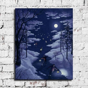 May include: A painting of a winter scene with people ice skating on a frozen lake at night. The sky is dark blue with a full moon and stars. The people are wearing winter clothes and carrying lanterns. The trees are bare and covered in snow.