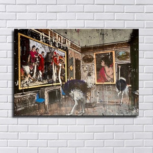 May include: A painting depicting a room with two ostriches, one in the foreground and one in the background. The room is decorated with paintings and a chandelier. The painting is done in a style that is reminiscent of impressionism.