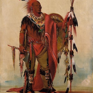 May include: A portrait of a Native American man in traditional attire. He wears a red headdress, a beaded necklace, and a red cloak. He holds a feathered staff and a tomahawk. The painting has a warm color palette with shades of red, brown, and gold.