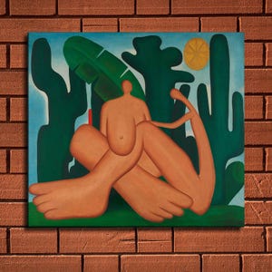 May include: An abstract painting featuring a nude figure seated in a tropical setting. The artwork showcases a figure with tan skin, surrounded by green foliage, a yellow sun, and a blue sky. The painting is mounted on a brick wall.