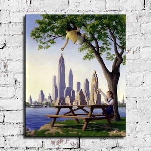 Op de afbeelding: Een schilderij van een stadsbeeld gemaakt van blokken, met een kind dat op een picknicktafel zit en een toren bouwt en een ander kind dat in de voorgrond in een boom klimt.