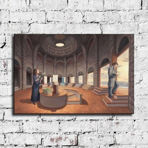 May include: A surreal painting depicting a circular room with a woman reading a book and a man standing in a doorway. The room is filled with bookshelves and the walls are made of stone. The man is looking out at a view of the sea.