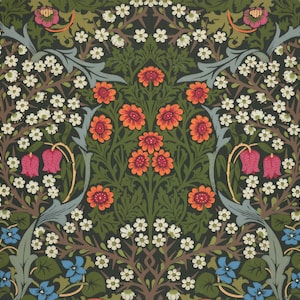 May include: A detailed floral pattern featuring a dark background with orange, white, pink, and blue flowers. The design includes stylized leaves and branches, creating a symmetrical and ornate botanical print.