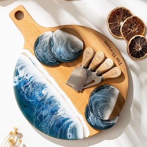 Custom Ocean Resin Cheeseboard, Wooden Charcuterie Board, Beach House Gift, Engraved Cutting Board