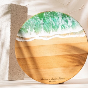Custom Engraved Round Resin Charcuterie Board, Beach House Gift Set