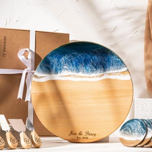 Personalized Ocean Resin Cheeseboard for Unique Housewarming Gift, Wooden Epoxy Charcuterie Board Gift for Wedding, Special Birthday Gift