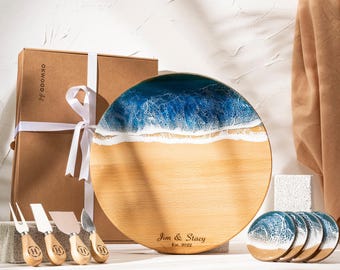 Personalized Ocean Resin Cheeseboard for Unique Housewarming Gift, Wooden Epoxy Charcuterie Board Gift for Wedding, Special Birthday Gift