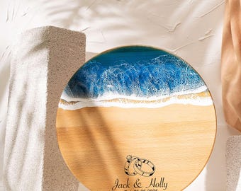 Personalized Ocean Resin Charcuterie Board, Engraved Beech Wood Serving Board Set