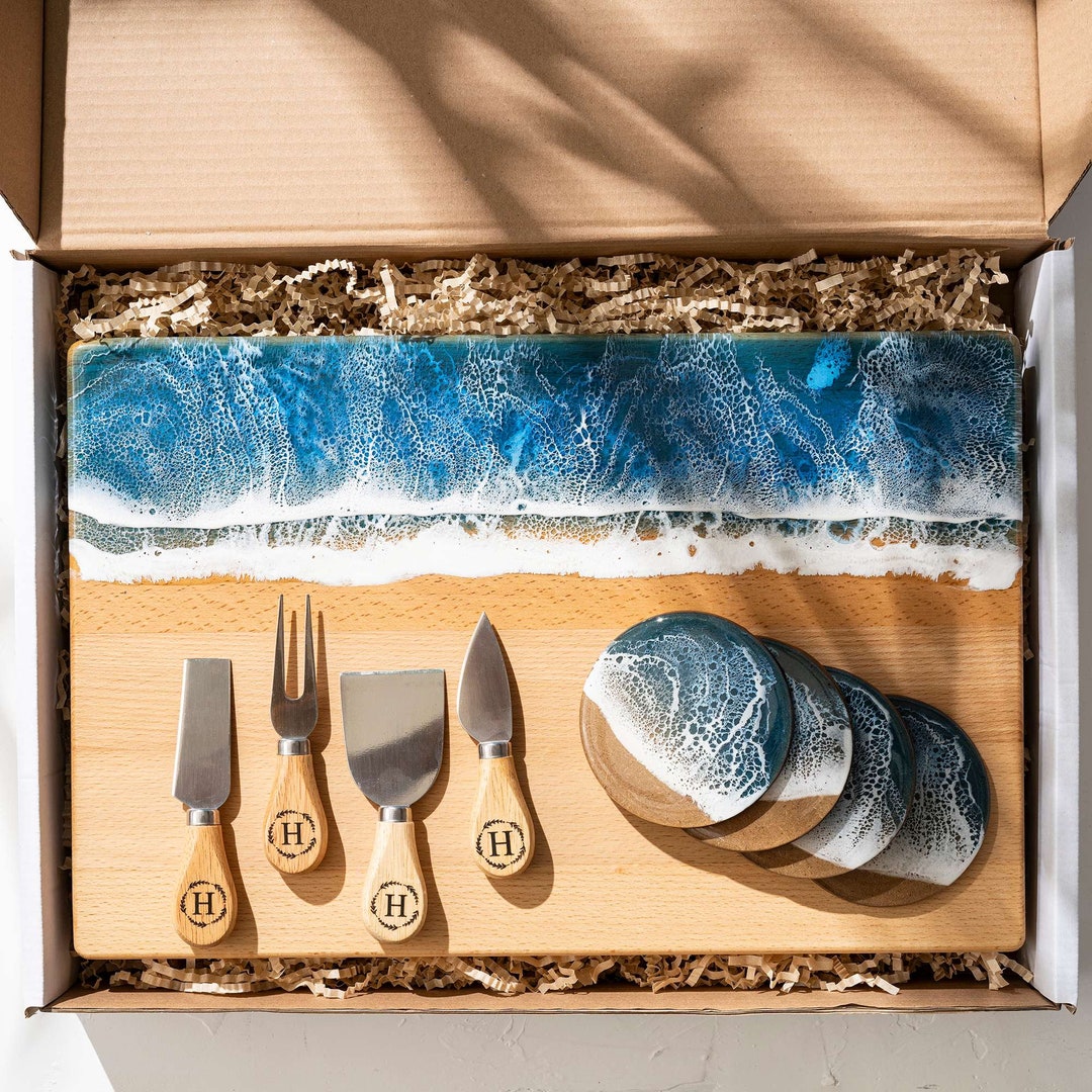 Custom Engagement Gift Set, Ocean Resin Chopping Board, Engraved Wooden