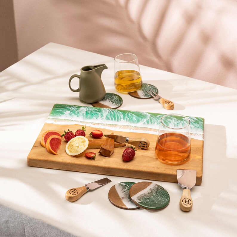Custom Engagement Gift Set, Ocean Resin Chopping Board, Engraved Wooden