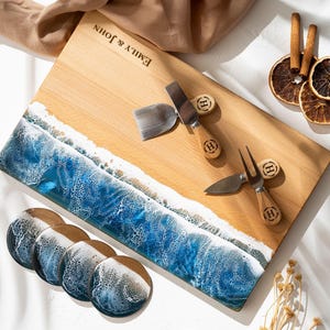 Ocean Resin Charcuterie Board for Custom Wedding Gift, Engraved Resin Wave Serving Board for Beach House Gift, Engagement or Bridal Gift