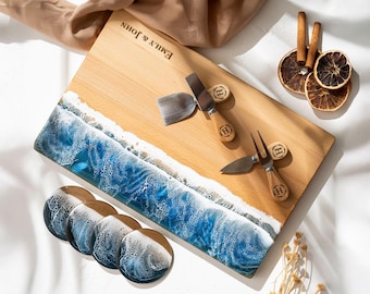 Ocean Resin Charcuterie Board, Engraved Wood Serving Board, Unique Beach House Gift