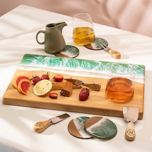 Custom Ocean Resin Charcuterie Board, Engraved Wood Serving Board with Knife Set and Coaster