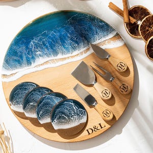 Personalized Ocean Resin Cheeseboard Set, Wood Charcuterie Board, Coasters, Knife Set