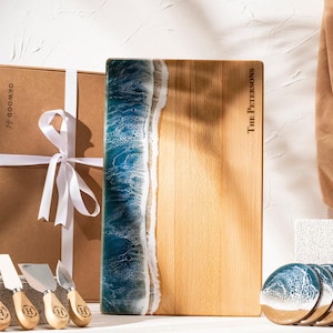 Custom Wedding and Bridal or Engagement Gift Set, Personalized Resin Charcuterie Board for Closing Gift, Ocean Wave Beach Cutting Board