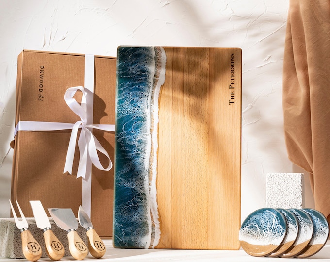 Personalized Resin Charcuterie Board: Ocean Wave Wood Cutting Board, Unique Engagement Gift Set Box