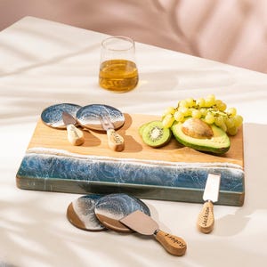 Personalized Ocean Charcuterie Board Set with Resin Waves, Custom Wedding Gift, Engagement or Bridal Shower Gift, Beach Resin Serving Tray