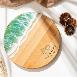 Personalized Ocean Resin Charcuterie Board, Engraved Beech Wood Coastal Decor, Unique Engagement Gift