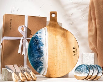 Personalized Ocean Resin Charcuterie Board, Solid Wood Serving Platter